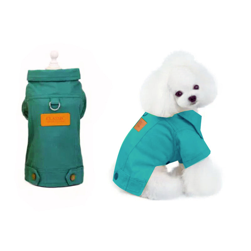 ANYWAGS Pet Clothes Green Denim Coat Jacket Costume with Leash Ring for Special Occasion