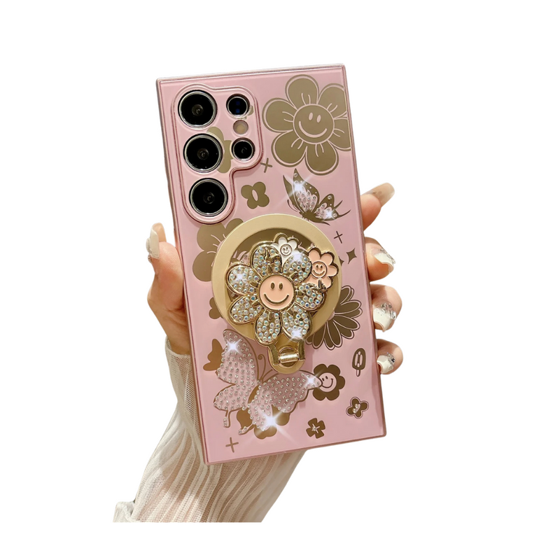 ANYMOB Samsung Case Pink Luxury Butterfly Flower Magnetic Ring Stand
