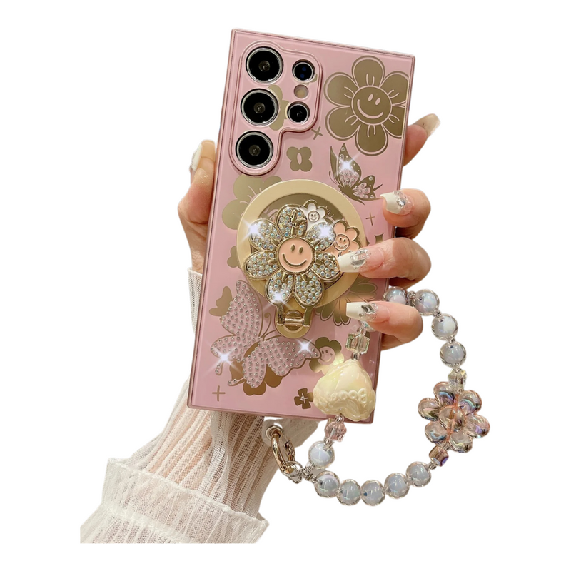 ANYMOB Samsung Case Pink Luxury Butterfly Flower Keychain Magnetic Ring Stand