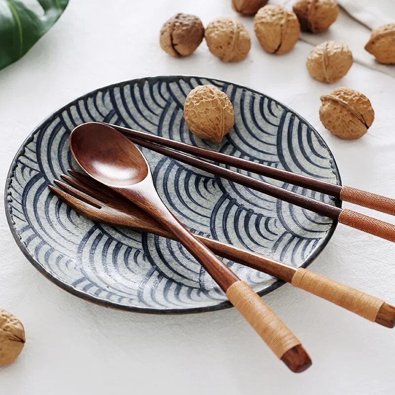 Anygleam 3pcs Orange Blue Pouch Set – Wooden Spoon Fork Chopsticks