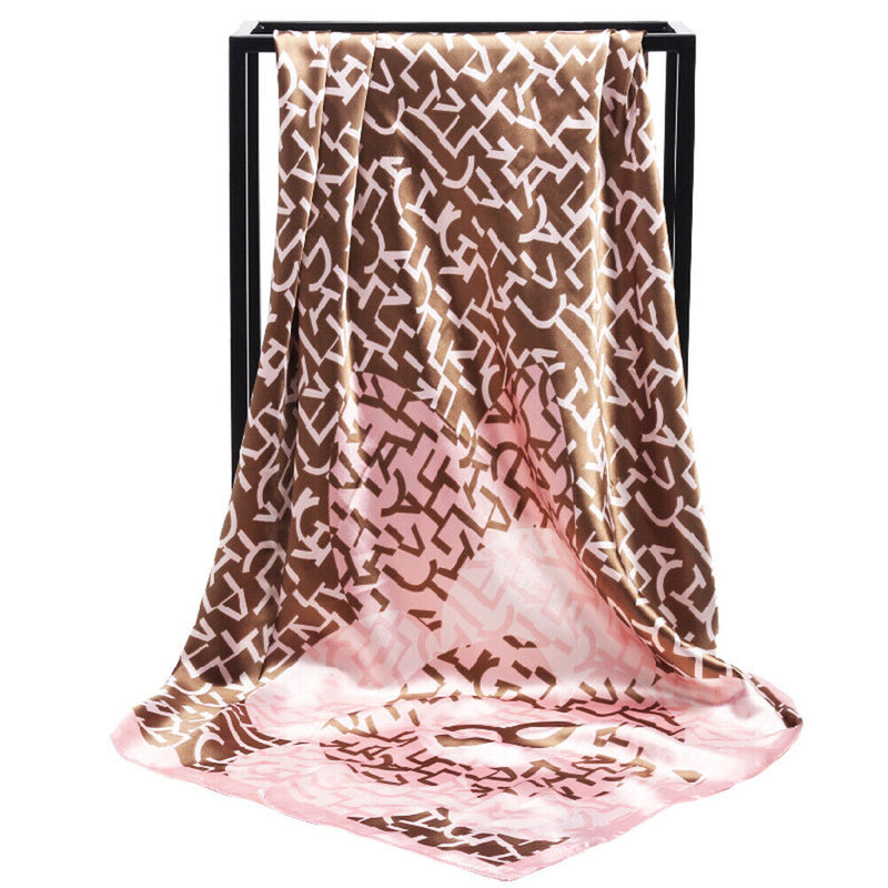Anyyou Scarf for Women Brown Pink Printed Satin Silk Shawl Fashion Accessories Chain Flowers Pattern Autumn Winter Scarves