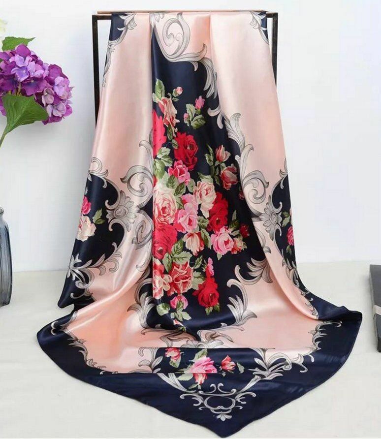 Anyyou Scarf for Women Navy Blue Gardon Floral Satin Silk Scarf Shawl Fashion Accessories Chain Flowers Pattern Autumn Winter Scarves