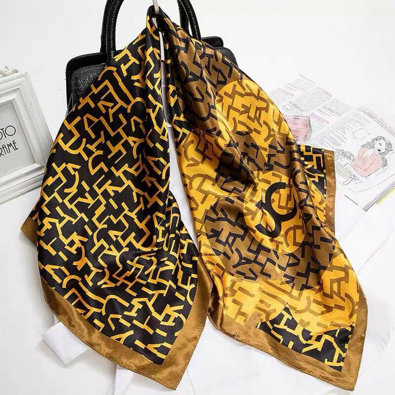 Anyyou Scarf for Women Gold Black Printed Satin Silk Shawl Fashion Accessories Chain Flowers Pattern Autumn Winter Scarves