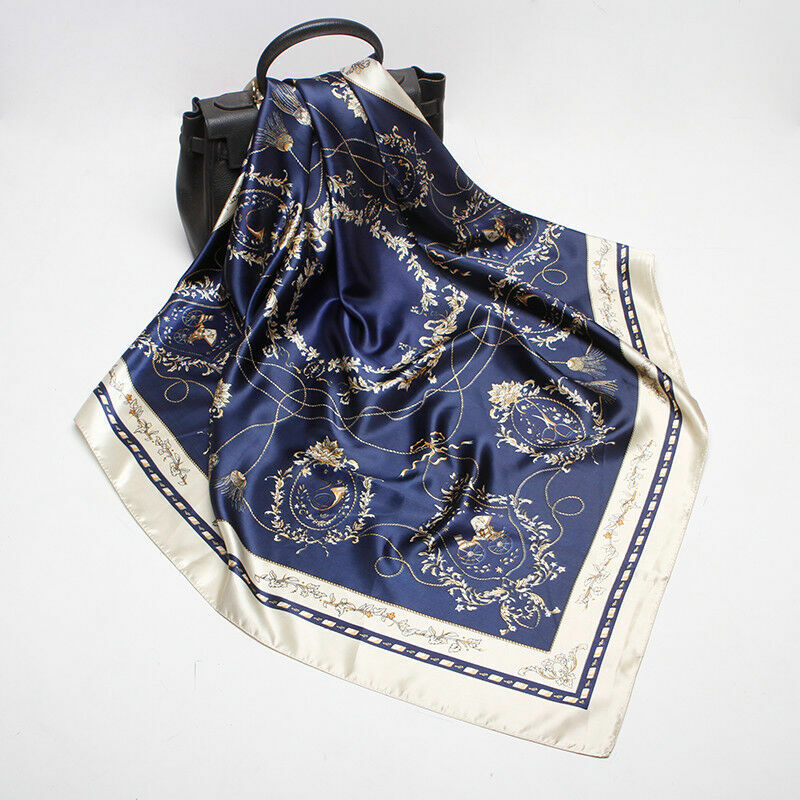 Anyyou Scarf for Women Elegant Navy Blue Satin Silk Shawl Fashion Accessories Chain Flowers Pattern Autumn Winter Scarves