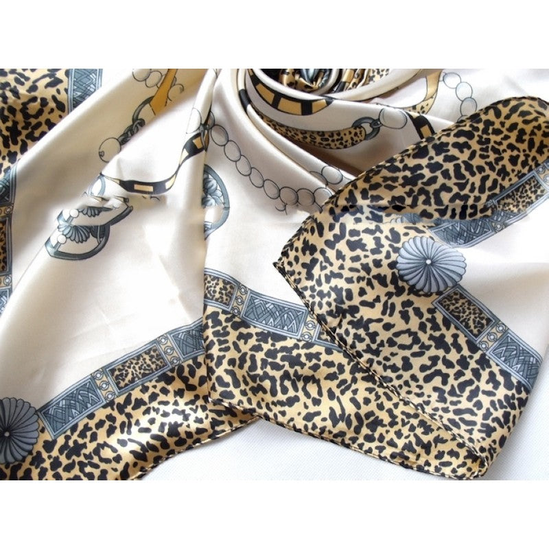 Anyyou Scarf for Women Leopard Printed Satin Silk Shawl Fashion Accessories Chain Flowers Pattern Autumn Winter Scarves