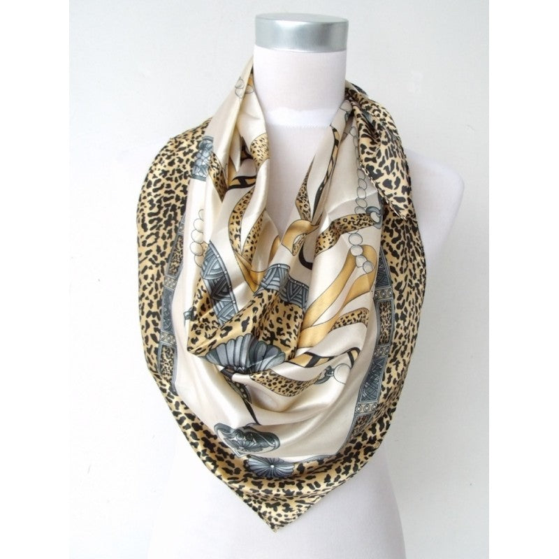 Anyyou Scarf for Women Leopard Printed Satin Silk Shawl Fashion Accessories Chain Flowers Pattern Autumn Winter Scarves