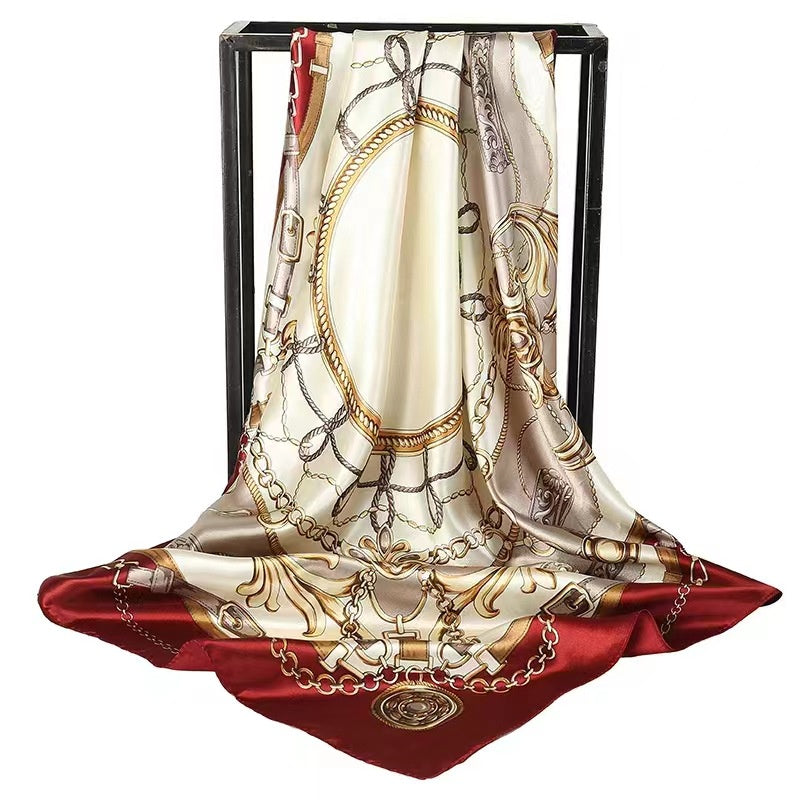 Anyyou Scarf for Women Beige Red Satin Silk Shawl Fashion Accessories Chain Flowers Pattern Autumn Winter Scarves