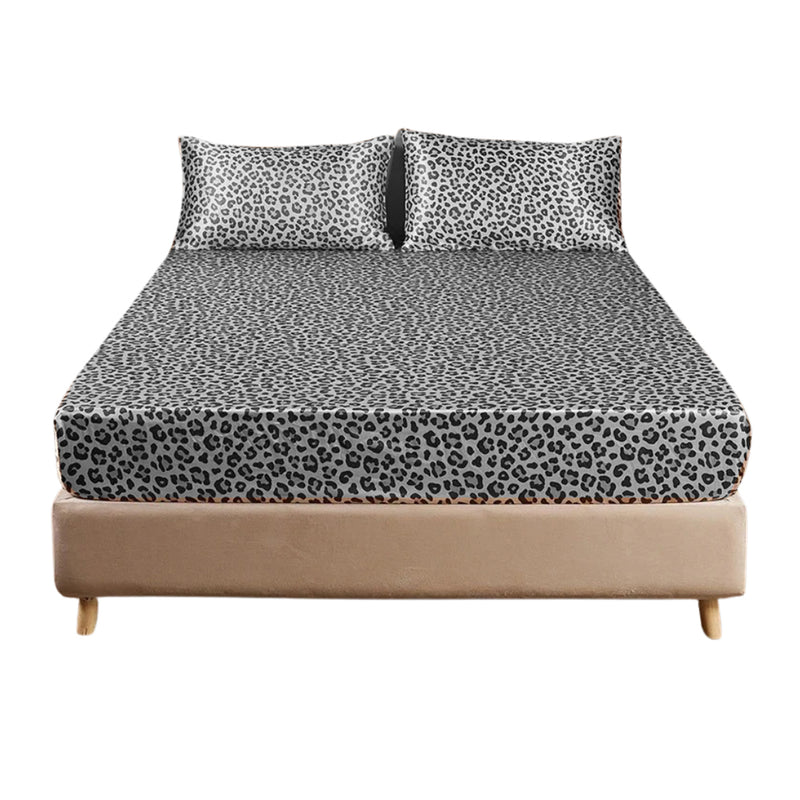 ANYHOUZ Bed Sheet Silver Leopard Print Satin Silk High End Fitted Flat Sheet