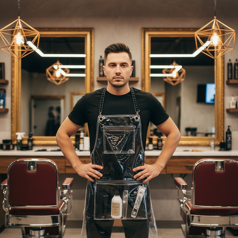 Anypron Waterproof Barber Apron – Transparent Cross‑Back with 3 Pockets