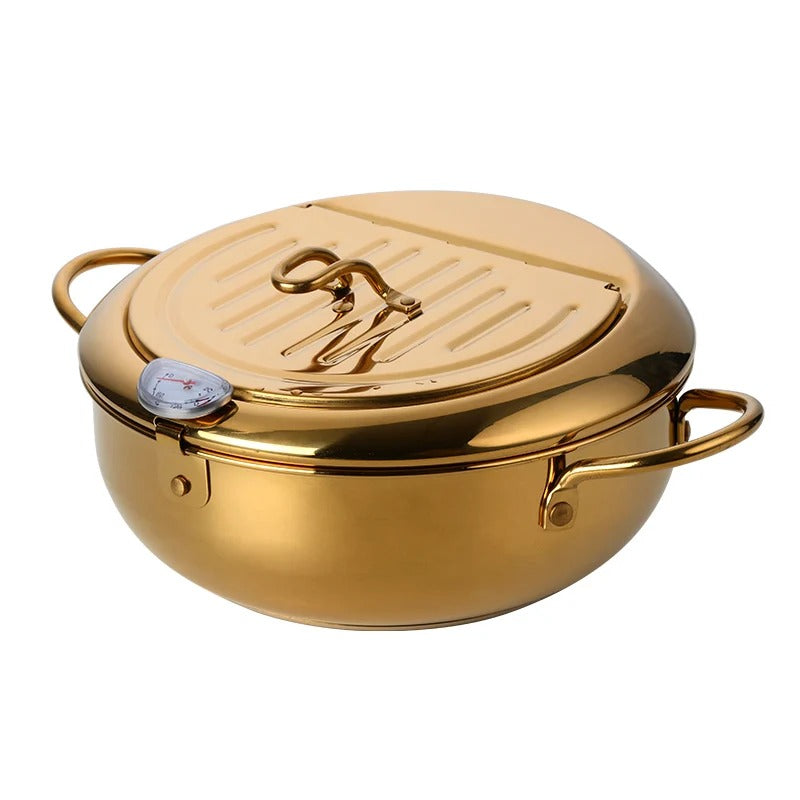 Frying Pan Gold Stainless Steel Thermometer Kitchen Utensils Tempura Fryer Pan Temperature Control Fried Cooking Tools
