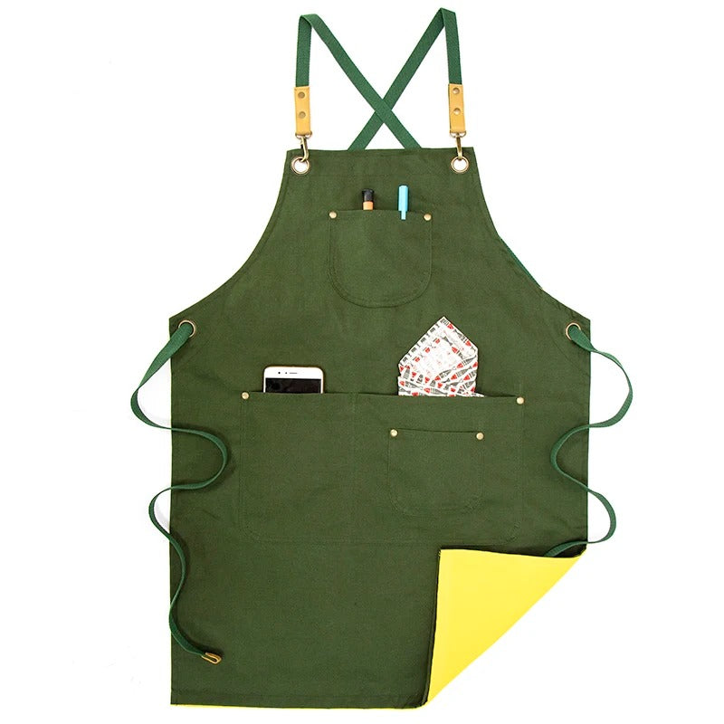 Anypron Unisex Green Yellow Chef Apron – Durable Cooking & Café Workwear for Men and Women