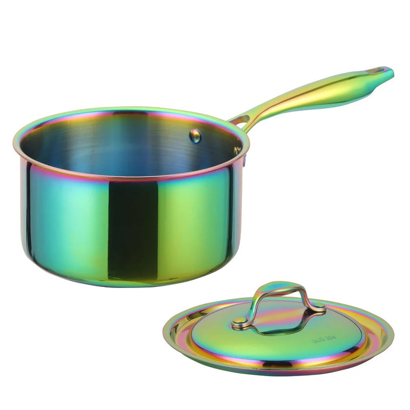 Anygleam Rainbow 304 Stainless Steel Saucepan – Small Milk & Soup Pot with Lid, Long Handle, Thickened Base, Induction Compatible Dormitory Cookware