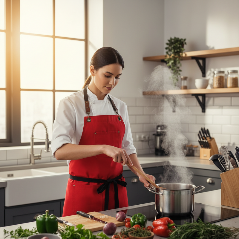 Anypron Unisex Red Black Chef Apron – Durable Cooking & Café Workwear for Men and Women