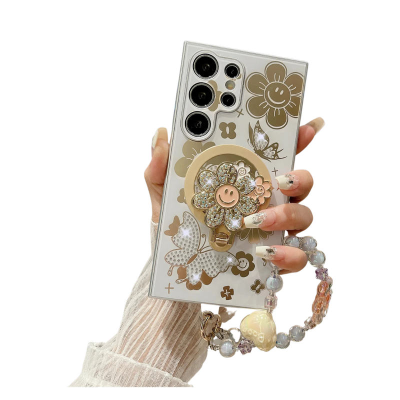 ANYMOB Samsung Case White Luxury Butterfly Flower Keychain Magnetic Ring Stand