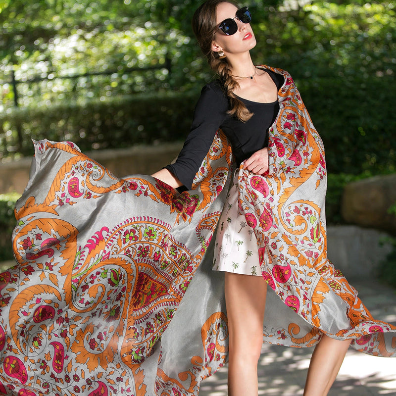 Anyyou 100% Mulberry Silk Gray Long Scarf Luxury Brand Women Beach Shawl Wear Swimwear Pashimina Face Shield Foulard