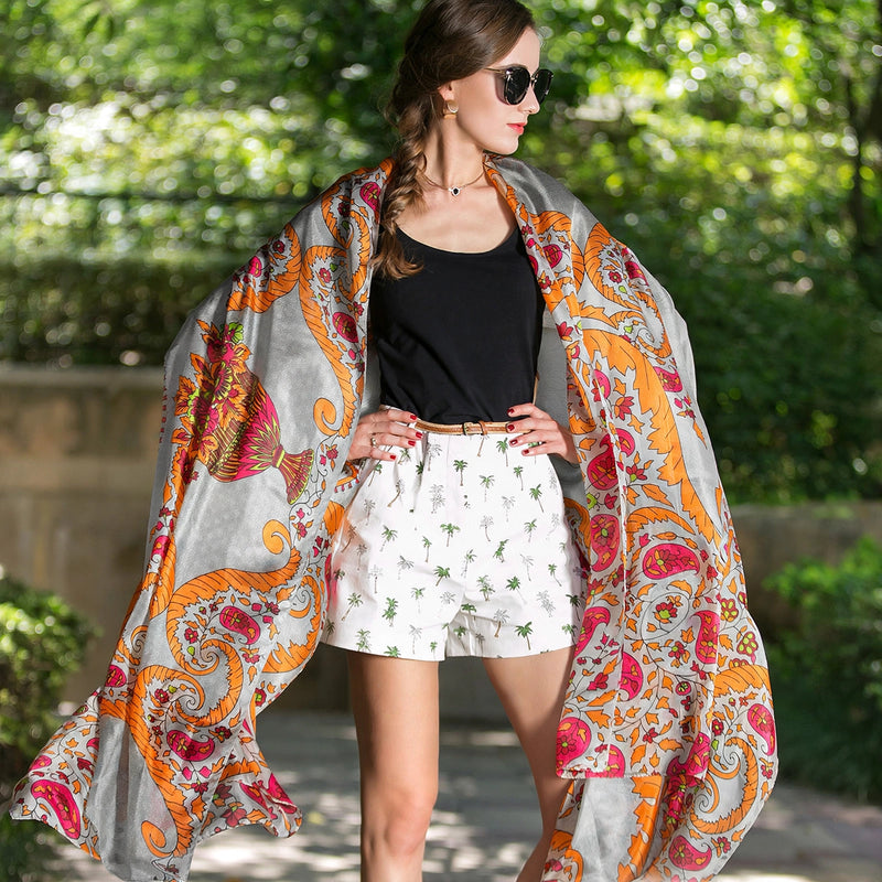 Anyyou 100% Mulberry Silk Gray Long Scarf Luxury Brand Women Beach Shawl Wear Swimwear Pashimina Face Shield Foulard
