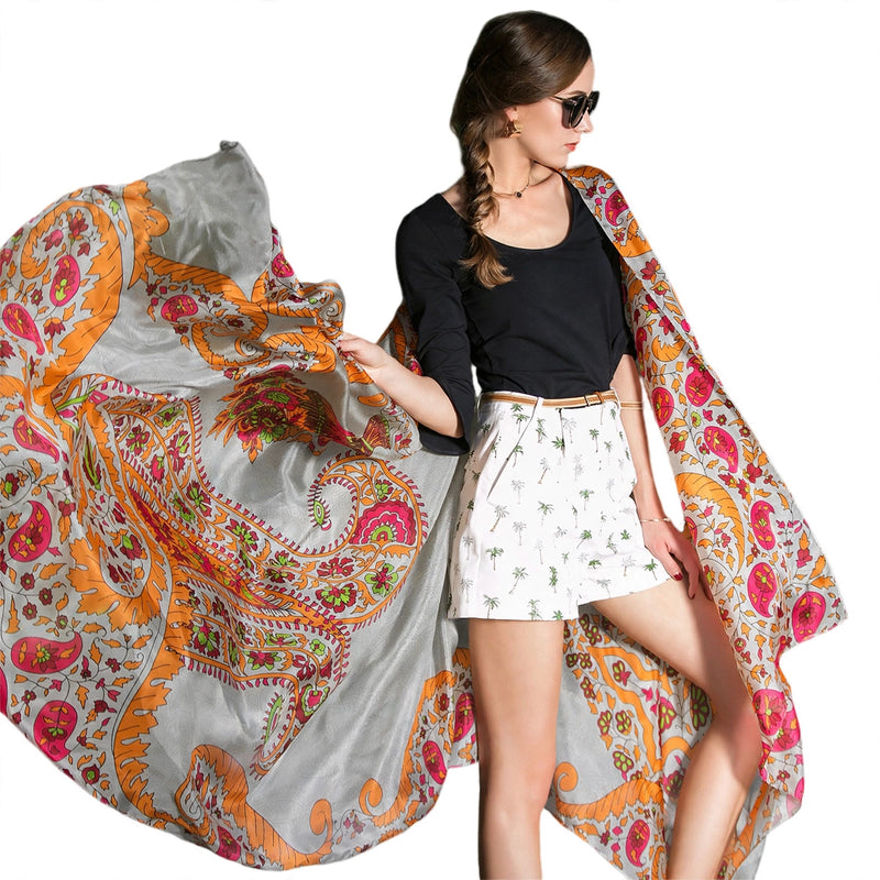 Anyyou 100% Mulberry Silk Gray Long Scarf Luxury Brand Women Beach Shawl Wear Swimwear Pashimina Face Shield Foulard