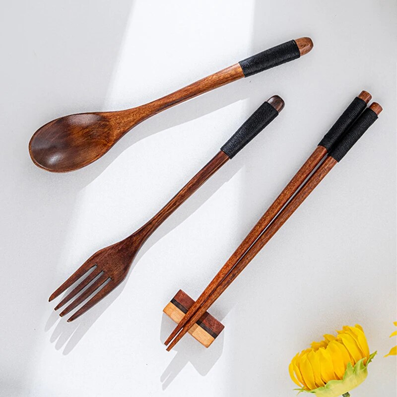 Anygleam 3pcs Orange White Pouch Set – Wooden Cutlery Travel Kit