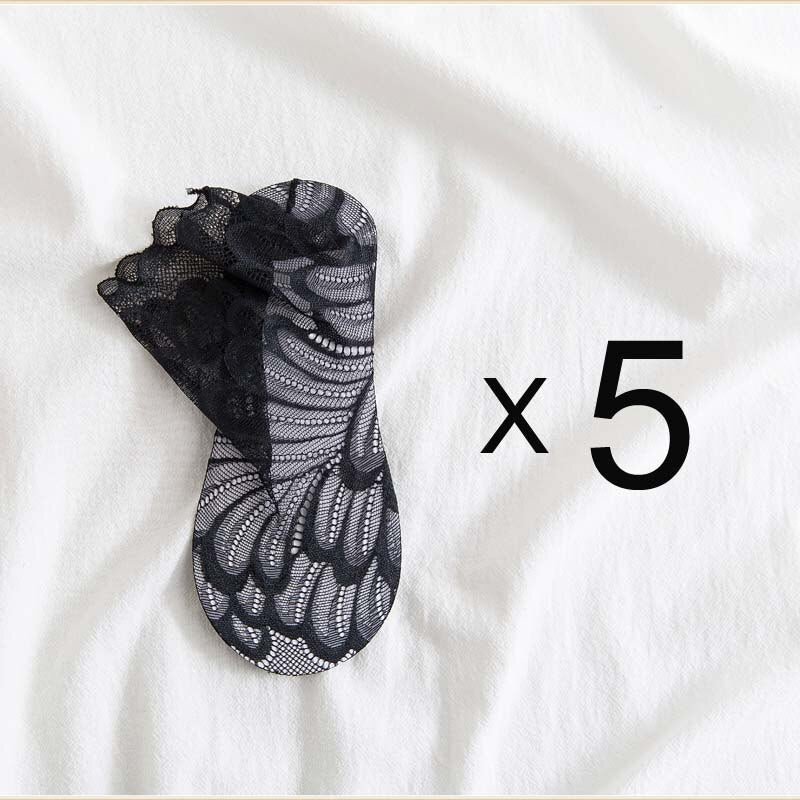 Anyfootwear 5 Pairs Women’s Black Summer Socks Lace Peacock Flower Ankle Socks