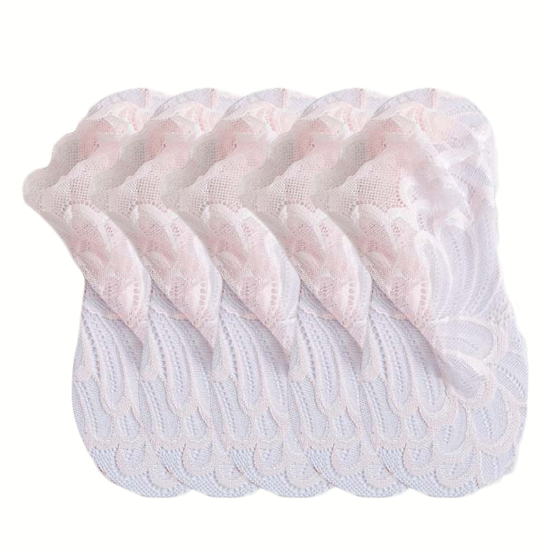 Anyfootwear 5 Pairs One Size 4-5 Light Peach Ankle Socks With Lace Peacock Flower Design