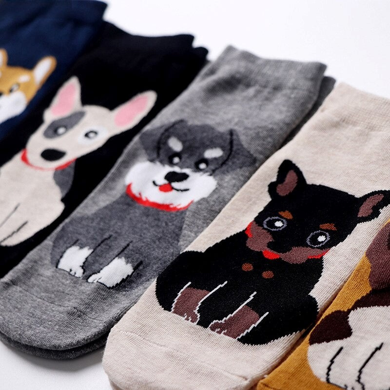 Anyfootwear  5 Pairs One Size 5-9 Multicolor Dog Spring Summer Fashion Women Cotton Sox Cartoon Cute Girl Happy Funny Socks