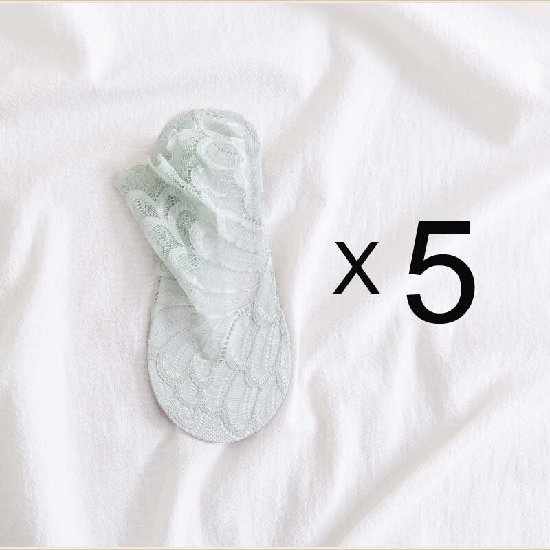 Anyfootwear 5 Pairs Women’s Light Green Ankle Socks Lace Peacock Flower Design