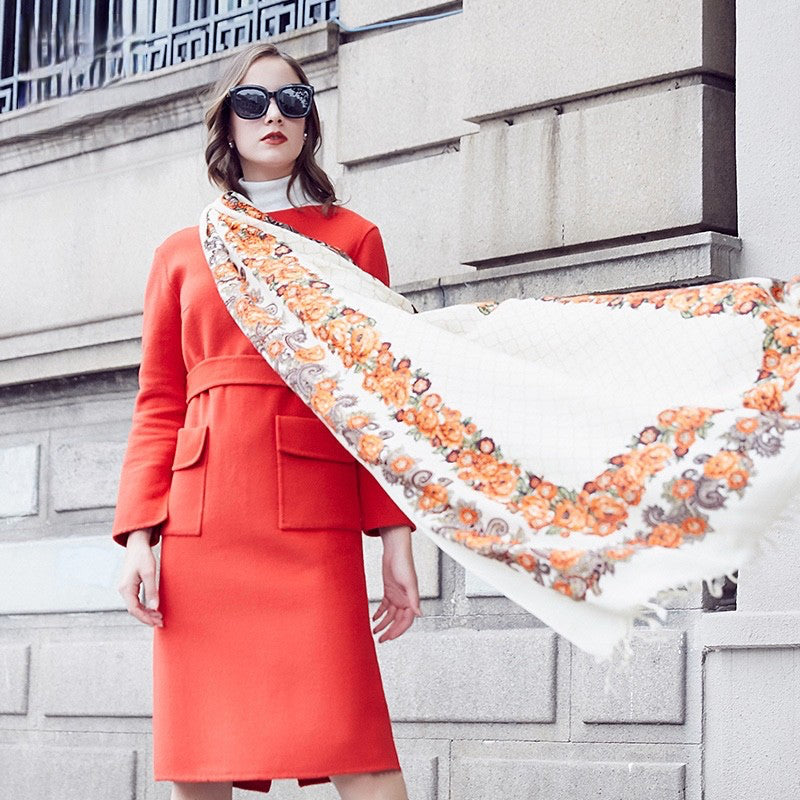 Anyyou 100% Merino Wool White-Brown  Silk Satin Large Winter Scarf Pashmina Shawl Bandana Perfect For Women Ladies Fashion Style