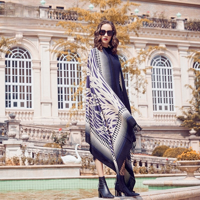 Anyyou 100% Merino Wool White Purple Patterned  Silk Satin Large Winter Scarf Pashmina Shawl Bandana Perfect For Women Ladies Fashion Style