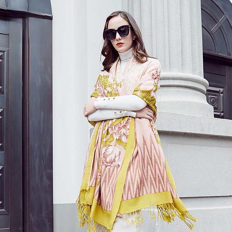 Anyyou 100% Merino Wool Yellow Pink Elegance Neck Silk Satin Large Winter Scarf Pashmina Shawl Bandana Perfect For Women Ladies Fashion Style