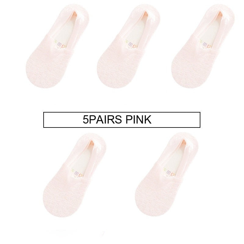 Anyfootwear 5 Pairs Size 5-9  Fashion Socks Lace Flower Style Breathable Antiskid Invisible Ankle Socks for Women Pink