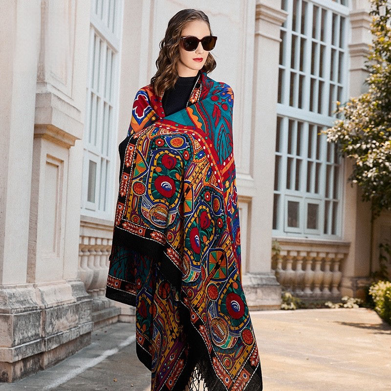 Anyyou 100% Merino Wool Black Ancient Multi-Pattern Neck Silk Satin Large Winter Scarf Pashmina Shawl Bandana Perfect For Women Ladies Fashion Style