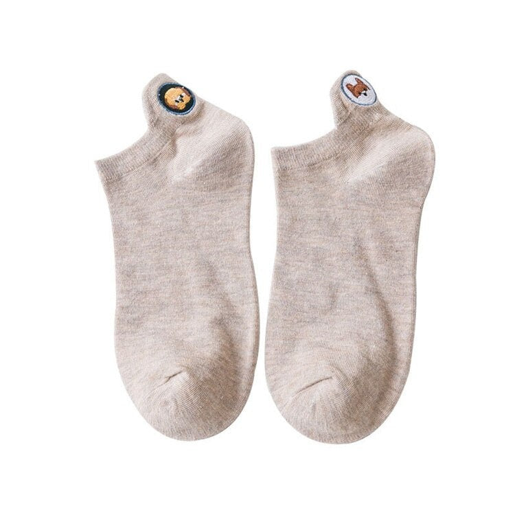 Anyfootwear 5 Pairs One Size 4-5 Khaki Fashion Funny Unisex Stereoscopic Heel Embroidered Women Candy Color Cotton Short Cute Socks