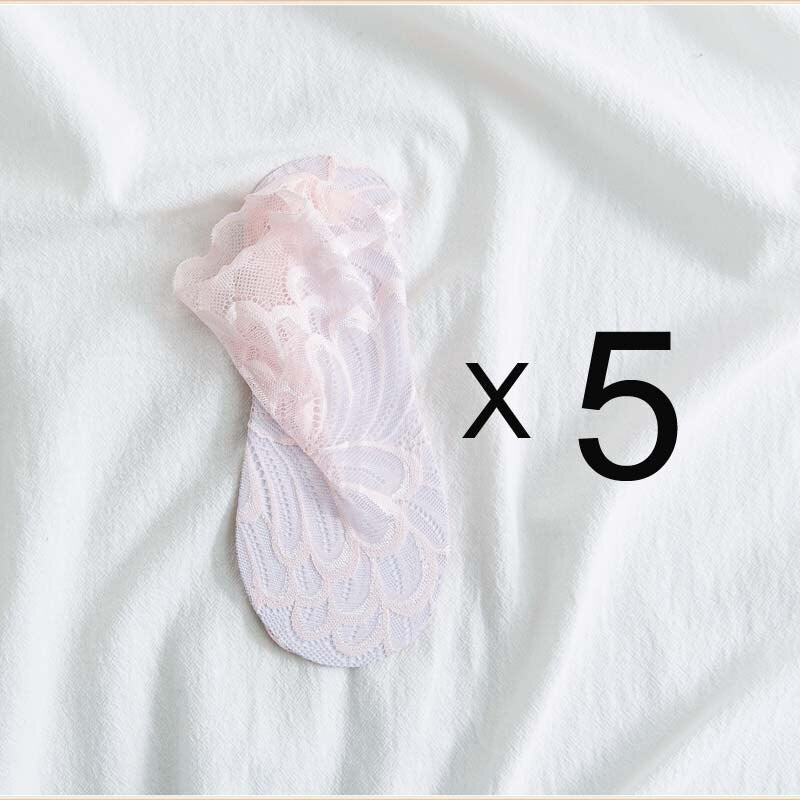 Anyfootwear 5 Pairs One Size 4-5 Light Peach Ankle Socks With Lace Peacock Flower Design
