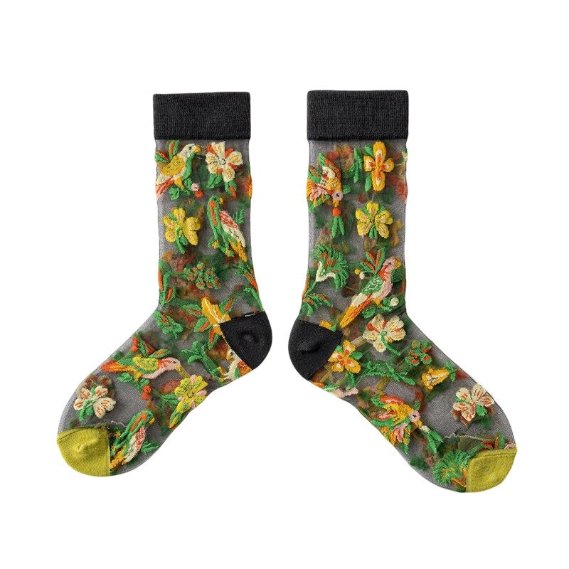 Anyfootwear 5 Pairs Green Size 5-9 Sock Harajuku Crystal Silk Tide Socks With Flower Vines Comfortable To Wear Prefect For Women