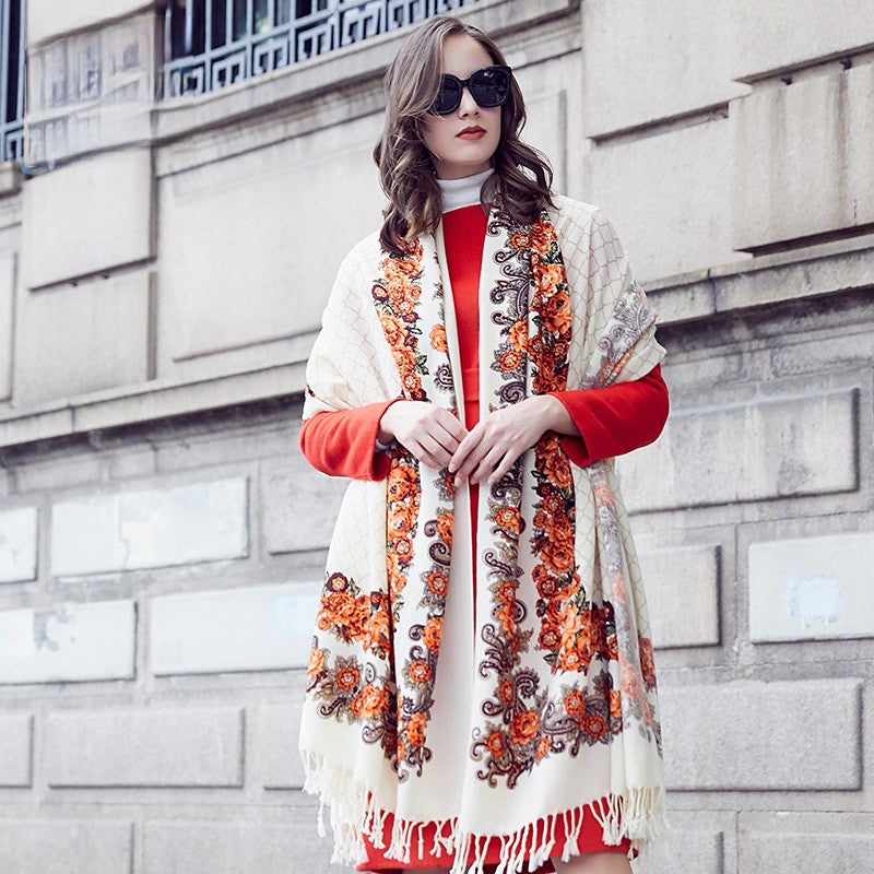 Anyyou 100% Merino Wool White-Brown  Silk Satin Large Winter Scarf Pashmina Shawl Bandana Perfect For Women Ladies Fashion Style