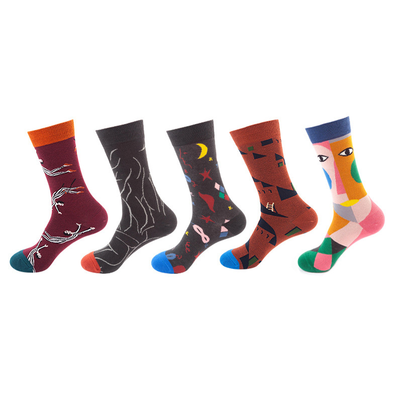 Anyfootwear 5 Pairs One Size 5-11 Mixed Color Socks Eye Cotton Fashion Woman Skateboard Oil Paitiing