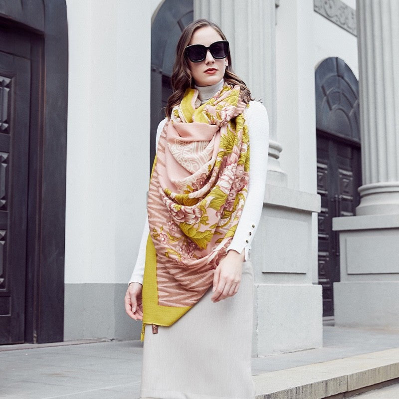 Anyyou 100% Merino Wool Yellow Pink Elegance Neck Silk Satin Large Winter Scarf Pashmina Shawl Bandana Perfect For Women Ladies Fashion Style