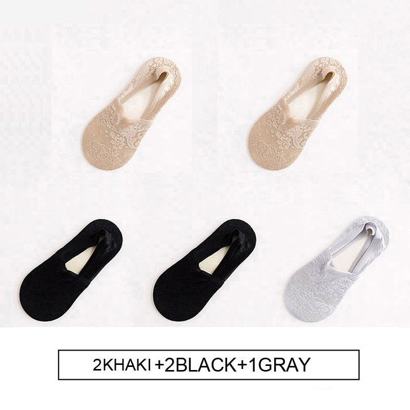 Anyfootwear 5 Pairs Size 5-9 Fashion Socks Lace Flower Style Breathable Antiskid Invisible Ankle Socks for Women (2 Khaki, 2 Black, 1 Gray)