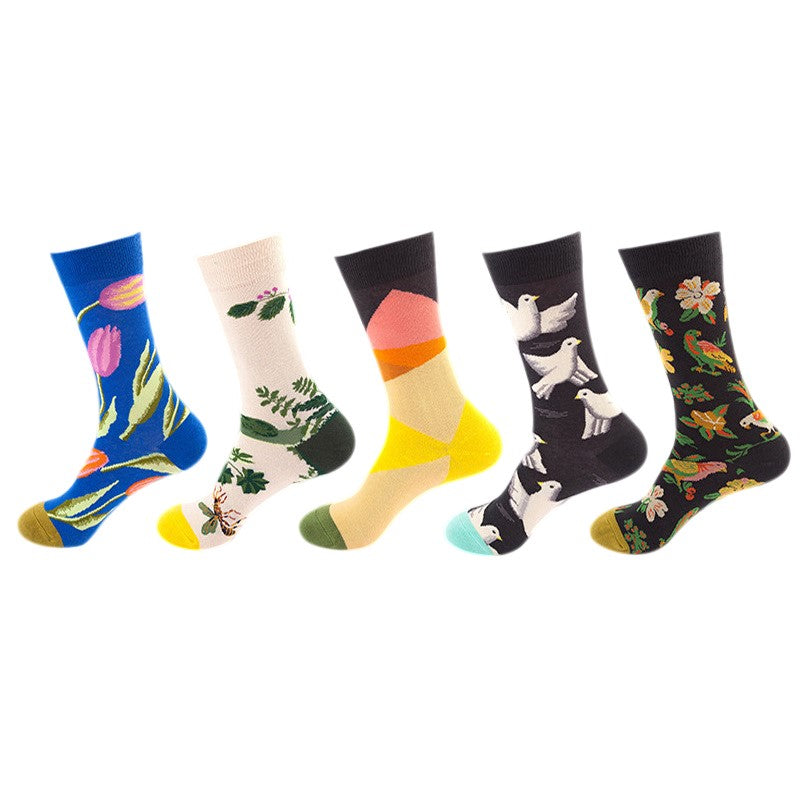 Anyfootwear 5 Pairs One Size 5-11 Mixed Color Set Christmas Socks Bird Cotton Fashion Woman Skateboard Oil Paitiing