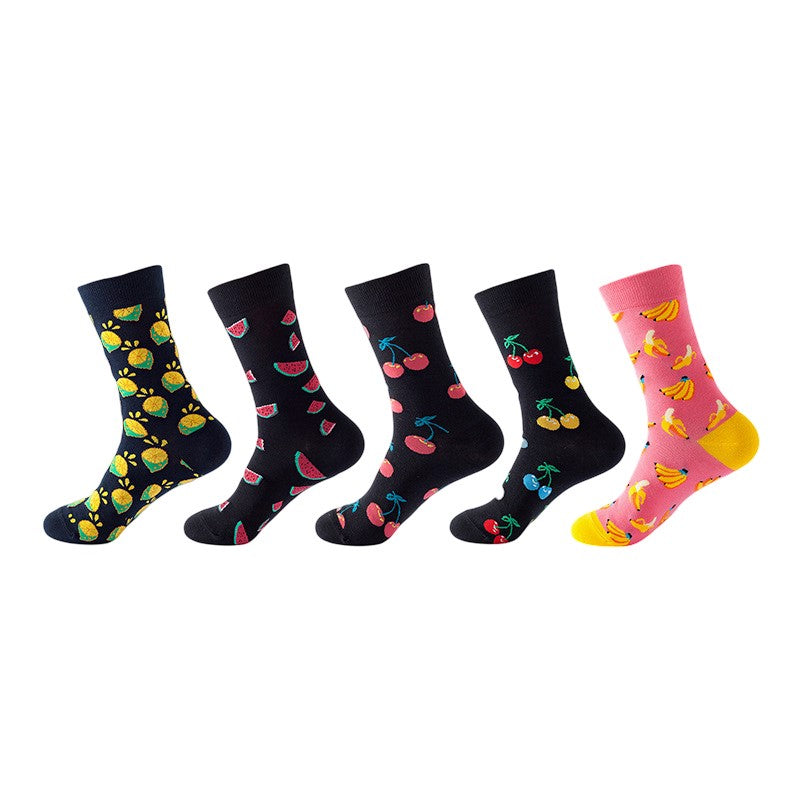 Anyfootwear 5 Pairs One Size 5-11 Mixed Color Set Christmas Socks Cotton Fashion Fruits Woman Skateboard Oil Paitiing