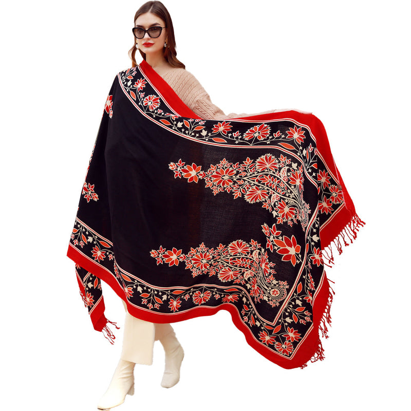 Anyyou 100% Merino Wool Black Red Neck Wrap Silk Satin Large Winter Scarf Pashmina Shawl Bandana Perfect For Women Ladies Fashion Style