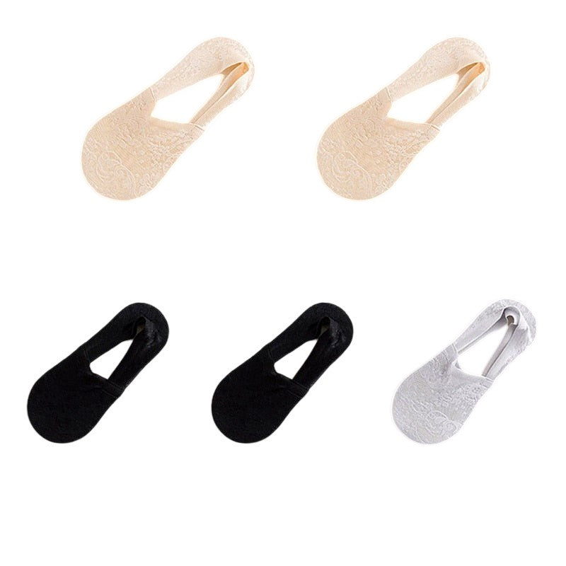 Anyfootwear 5 Pairs Size 5-9 Fashion Socks Lace Flower Style Breathable Antiskid Invisible Ankle Socks for Women (2 Skin, 2 Black, 1 Grey)