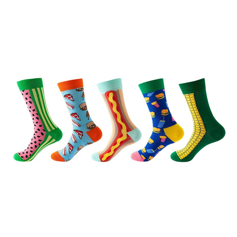 Anyfootwear 5 Pairs One Size 5-11 Mixed Color Set Christmas Socks Cotton Fashion Fast food Woman Skateboard Oil Paitiing