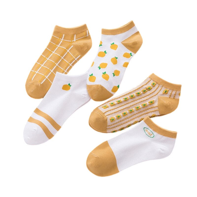 Anyfootwear 5 Pairs One Size 5-9 Mix Lemon Liner Cotton And Spandex Comfortable Socks To Wear With Fruit Creative Design Brand Perfect for Women