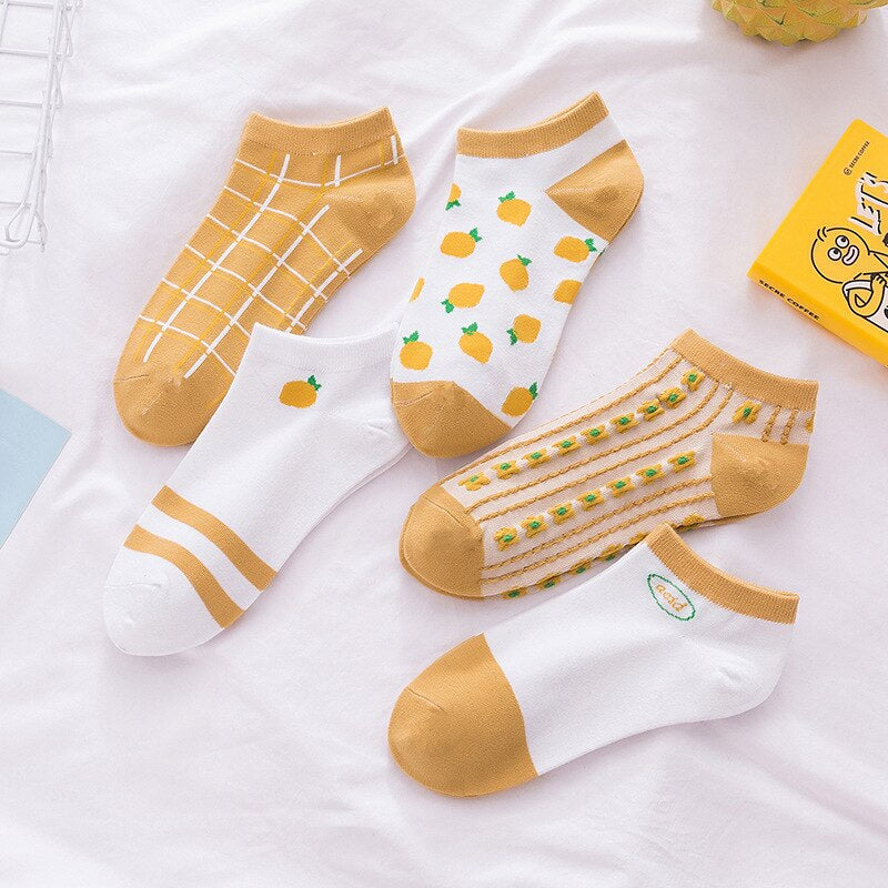 Anyfootwear 5 Pairs One Size 5-9 Mix Lemon Liner Cotton And Spandex Comfortable Socks To Wear With Fruit Creative Design Brand Perfect for Women