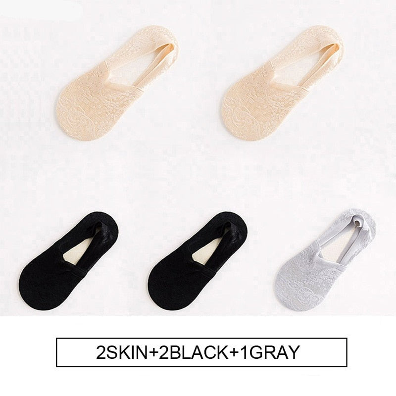 Anyfootwear 5 Pairs Size 5-9 Fashion Socks Lace Flower Style Breathable Antiskid Invisible Ankle Socks for Women (2 Skin, 2 Black, 1 Grey)