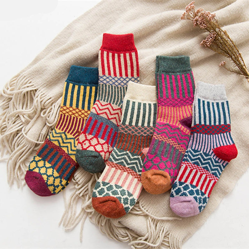 Anyfootwear 5 Pairs Size 5-9 Fashion Socks Colorful Wind-Flowers Cotton Winter Thick Warm Wool Casual for Women Red