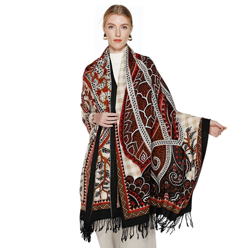 Anyyou 100% Merino Wool Black Dark Brown Symbolic Patterns Silk Satin Large Winter Scarf Pashmina Shawl Bandana Perfect For Women Ladies Fashion Style