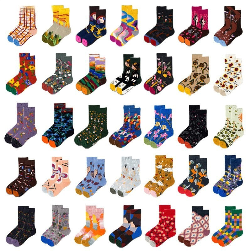 Anyfootwear 5 Pairs Size 5-9 Fashion Socks Combed Cotton Art Multi Color Checkered Abstract Oil Painting Novelty Happy Funny Christmas Gift for Women
