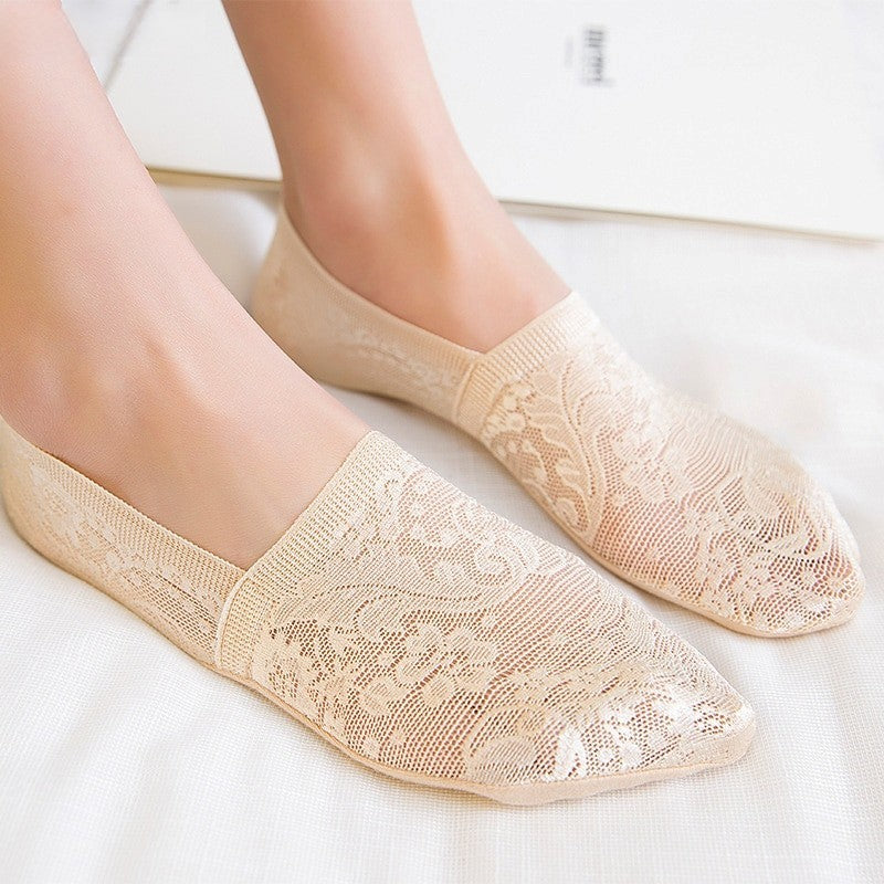 Anyfootwear 5 Pairs Size 5-9  Fashion Socks Lace Flower Style Breathable Antiskid Invisible Ankle Socks for Women Khaki